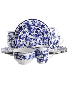 Elama Cattleya Orchid 16 Piece Round Porcelain Dinnerware Set in Blue and White